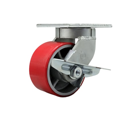 Service Caster 6'' Extra Heavy Duty Red Poly on Cast Iron Wheel Swivel Caster with Brake CRAN-SCC-KP92S630-PUR-RS-SLB